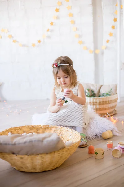Little Cute Girl White Dress Plays Bright Children Room Decorated — Stock Photo, Image