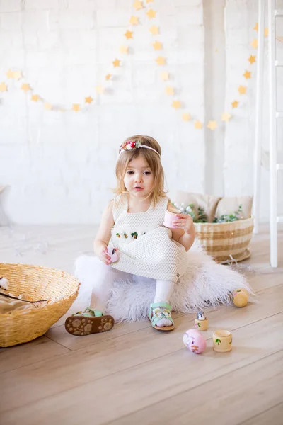 Little Cute Girl White Dress Plays Bright Children Room Decorated — Stock Photo, Image