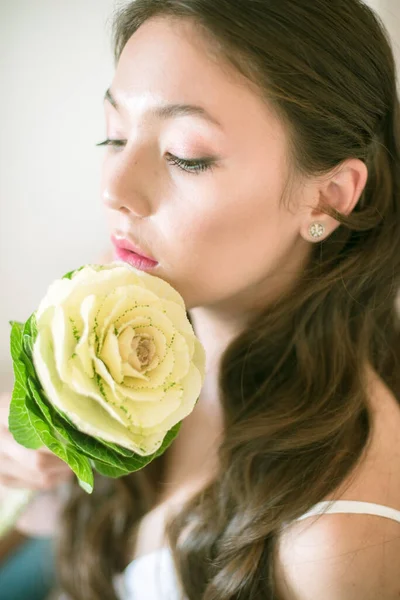 Cute Tender Young Bride Asian Appearance Long Hair White Dress — Stock Photo, Image