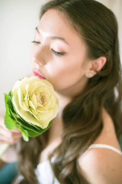 Cute Tender Young Bride Asian Appearance Long Hair White Dress — Stock Photo, Image