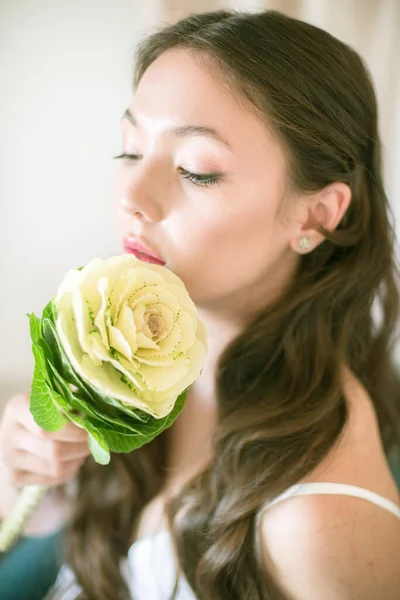 Cute Tender Young Bride Asian Appearance Long Hair White Dress — Stock Photo, Image