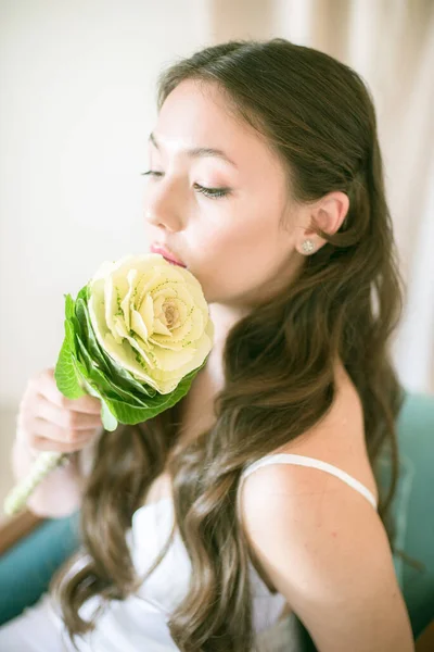 Cute Tender Young Bride Asian Appearance Long Hair White Dress — Stock Photo, Image