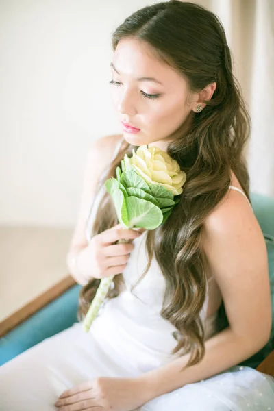 Cute Tender Young Bride Asian Appearance Long Hair White Dress — Stock Photo, Image