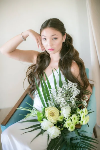 Cute Tender Young Bride Asian Appearance Long Hair White Dress — Stock Photo, Image