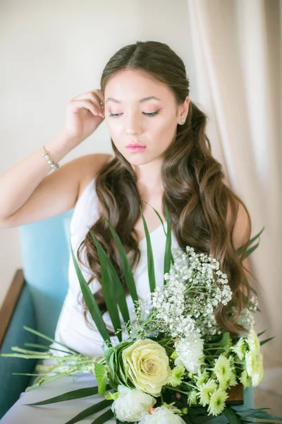 Cute Tender Young Bride Asian Appearance Long Hair White Dress — Stock Photo, Image