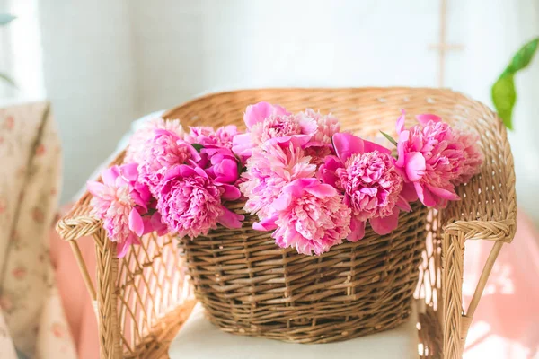 Osier Panier Vigne Avec Beau Fauteuil Rose Pivoine Une Vigne — Photo