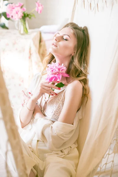 Cute Tender Young Girl Blond Long Hair Surrounded Pink Peonies — Stock Photo, Image