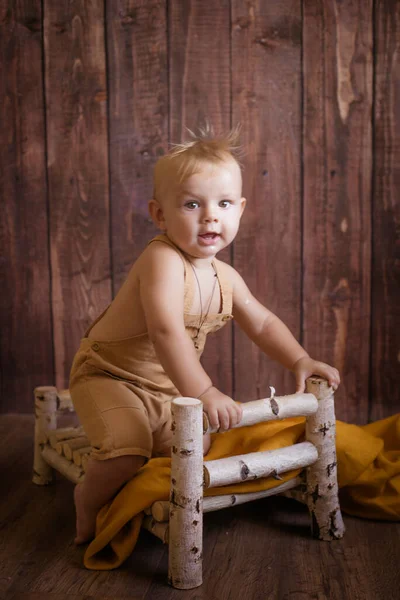 Liten Söt Småbarn Med Blont Hår Leker Med Träsäng Gjord — Stockfoto