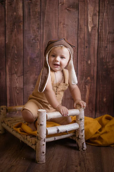 Little Cute Toddler Blond Hair Plays Wooden Bed Made Birch — Stock Photo, Image