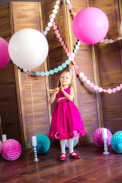 Little Cute Girl Blond Hair Pink Dress Princess Crown Large — Stock Photo, Image