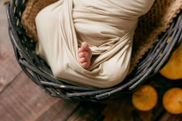 Cute Little Baby Śpi Wiklinowym Koszu Gałązek Żółtymi Liśćmi Małymi — Zdjęcie stockowe