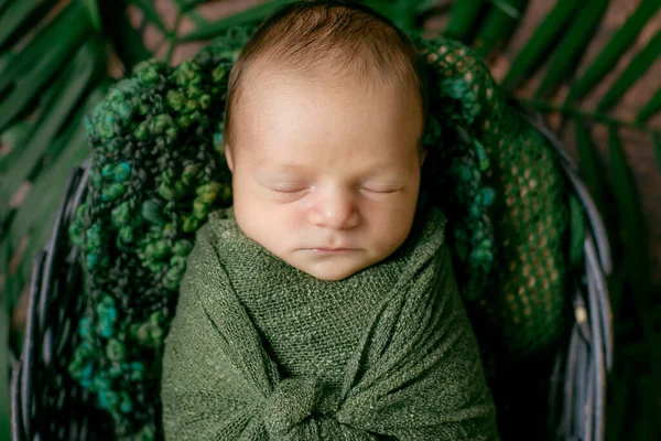 Pequeño Bebé Lindo Duerme Una Cesta Mimbre Vides Decoradas Con —  Fotos de Stock