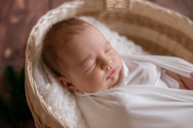 Hasır sepetin içinde beyaz bir battaniyenin içinde, tahta zeminde iğne dalları ve pamukla süslenmiş şirin bir bebek. Mutlu annelik