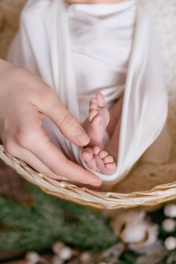 Annenin elleri beyaz bir battaniyenin içinde, kozalaklı dallar ve ahşap bir zeminde pamukla süslenmiş sepetin içinde şirin bebek bacakları tutuyor. Mutlu annelik