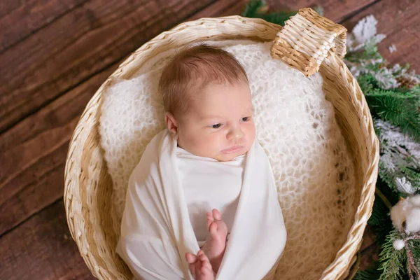 Little Cute Baby White Blanket Wicker Basket Decorated Branches Needles — Stock Photo, Image