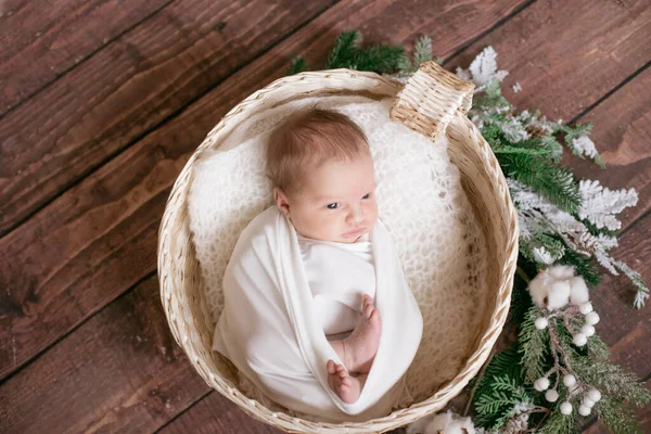 Little Cute Baby White Blanket Wicker Basket Decorated Branches Needles — Stock Photo, Image