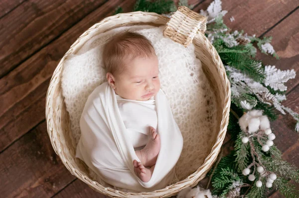 귀여운 아기가 담요를 바구니에 가지와 바닥에 면으로 장식되어 있었다 어머니 — 스톡 사진
