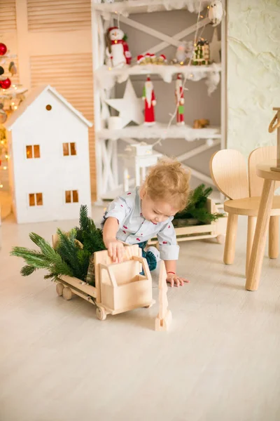 Cute Little Boy Blond Hair Plays Wooden Eco Toys Bright — Stock Photo, Image