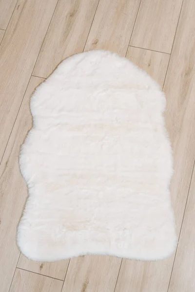 Small Interior Rug Made Faux Rabbit Fur White Color Interior — Stock Photo, Image