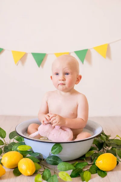 可爱的蹒跚学步的男孩 金发碧眼坐在一个装有牛奶和柠檬的水池里 在一个明亮的工作室里 健康的童年 — 图库照片
