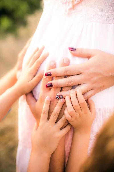 Detailní Záběr Ruce Celé Rodiny Rodiče Děti Těhotné Břicho Matky — Stock fotografie