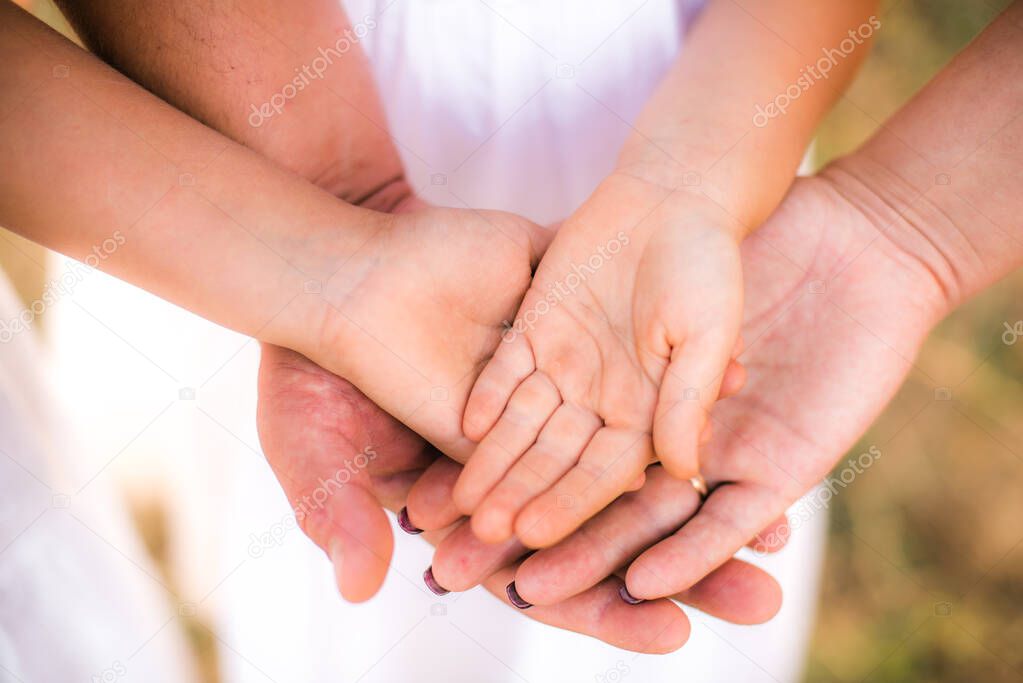 Close-up hands of the whole family, parents and children outdoors in summer. The concept of family unity. Happy childhood. Happy and healthy family
