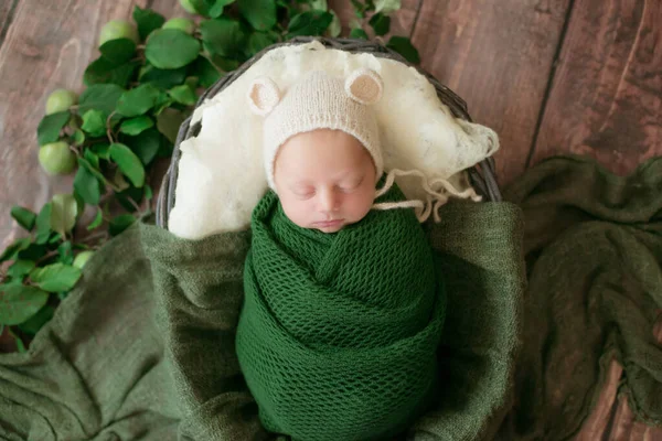 Cute little baby in a beanie hat lies in a wicker basket in a green blanket with green leaves and apples. Autumn mood. Happy healthy childhood