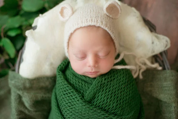 Roztomilé Děťátko Čepici Leží Proutěném Koši Zelené Přikrývce Zelenými Listy — Stock fotografie
