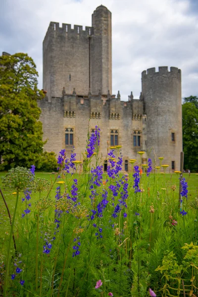 Güneşli bir yaz gününde, Chateau de Roquetaillade kalesinin havadan görünüşü, Mazeres, Fransa
