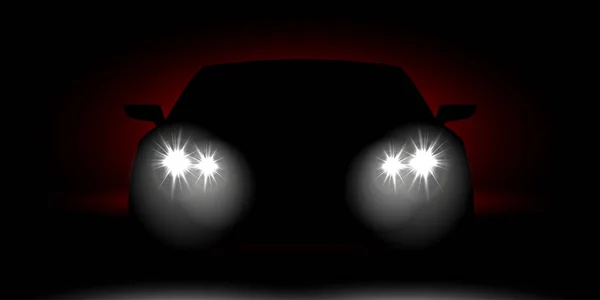 Faros realistas del coche que brillan en la vista frontal oscura — Vector de stock