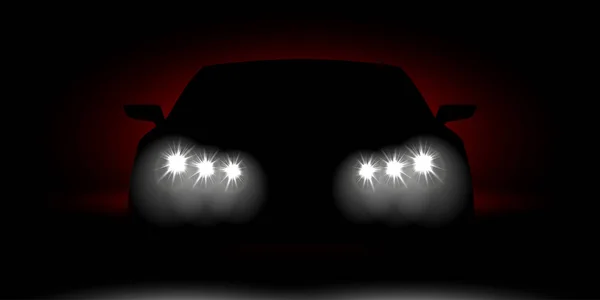 Faróis de carro realista brilhando na visão frontal escura — Vetor de Stock