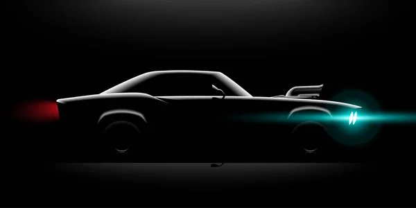 Coupé de coche clásico realista con una iluminación de visión lateral del sobrealimentador en la oscuridad — Vector de stock