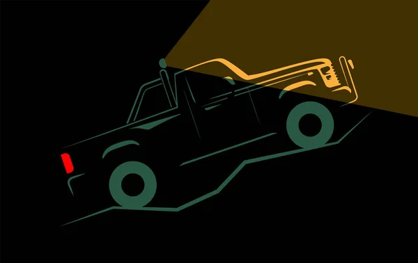 Offroad car rides over bumps in the dark with spotlights — Stock Vector