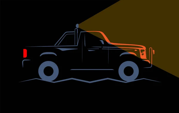 Off-road autó lovagol dudorok a sötétben reflektorfényekkel — Stock Vector