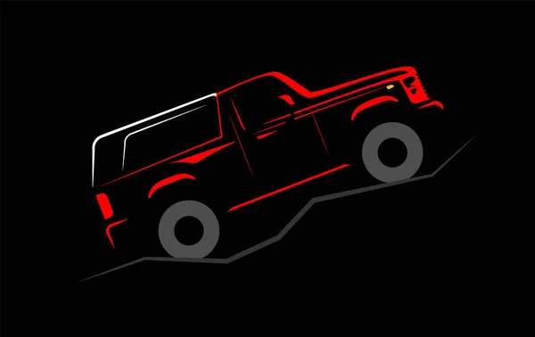Offroad auto rijdt over hobbels in het donker met schijnwerpers — Stockvector