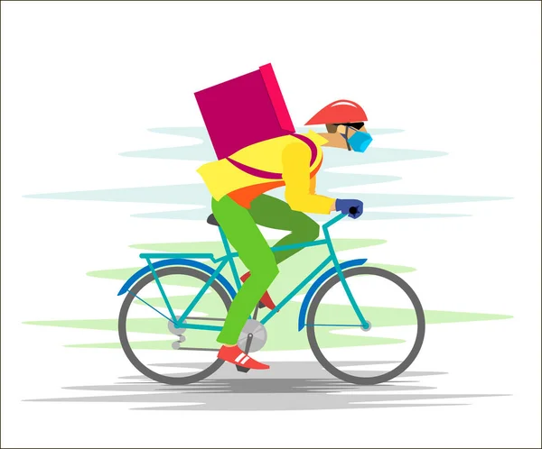 Mensajero Una Máscara Guantes Una Bicicleta Con Una Caja Paseos — Vector de stock