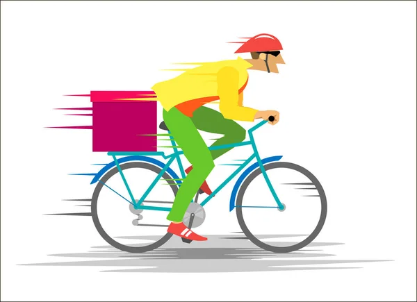 Mensajero Una Bicicleta Con Una Caja Paseos Rápido — Vector de stock