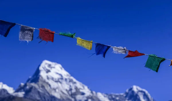 Buddhist Shrine Mountain with prayer flags over the blue sky. — 스톡 사진