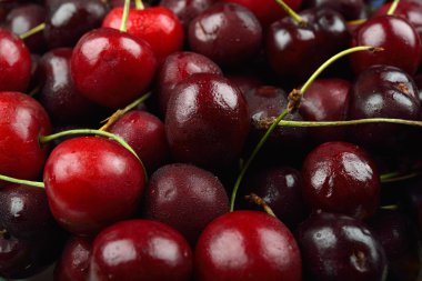 Üzerlerinde su damlaları ile kırmızı kiraz yığını, sadece kaldırıldı f