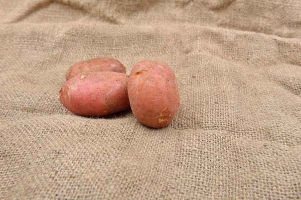 Neue frische rote Kartoffeln Jute Hintergrund. Konzept der gesunden Ernährung, — Stockfoto