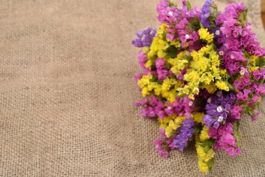 Rustik jüt arka plan üzerinde renkli kuru buket. Güzel düzenlemek