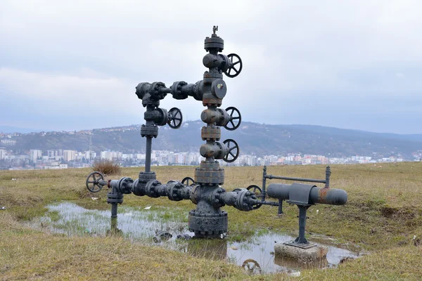 Industry gas pipes outside the city in a pool of water. Energy c