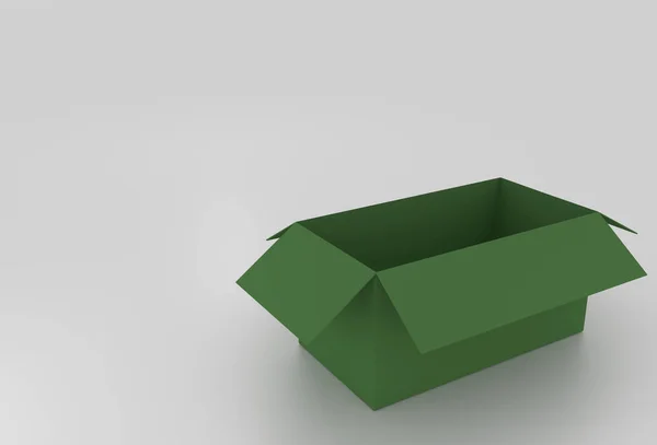 Caja de cartón verde 3D, lista para envolver cosas en ella en una espalda blanca —  Fotos de Stock