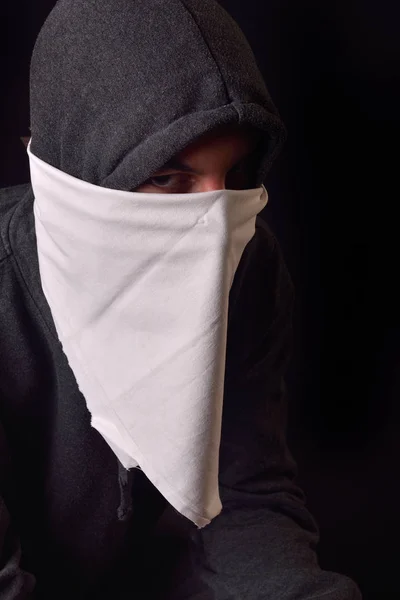 Close up of an unrecognizable young man wearing white balaclava — Stock Photo, Image