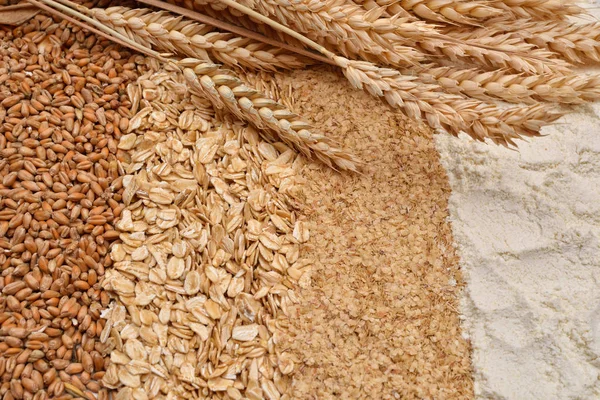 Stripes of oatmeal flakes, grain, wheat germ and white flour ear — Stock Photo, Image