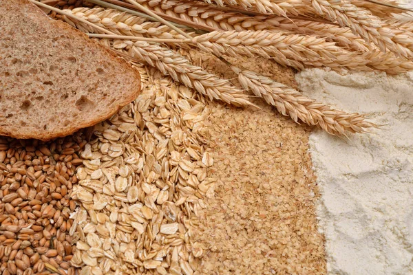 Afbeelding van een sneetje brood met verse oren tarwe, droge bonen van wh — Stockfoto
