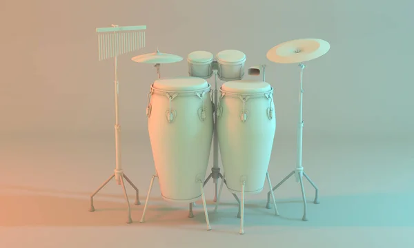 Modelo 3D de un kit de percusión en una habitación blanca vacía. Conjunto de percusión que contiene instrumentos como congas, platillos, bongos, cencerro  . —  Fotos de Stock