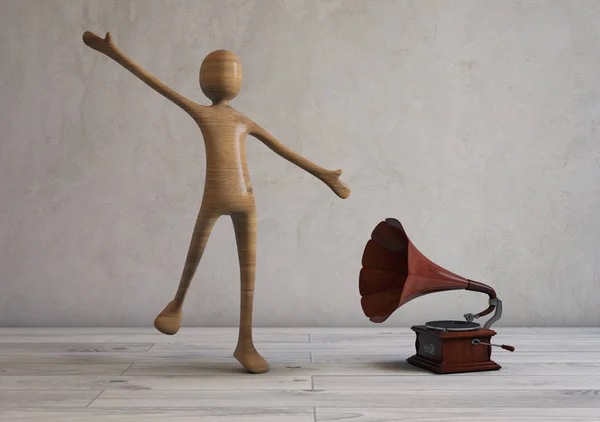 Singen und hören Sie Musik aus einem Grammophon im Retro-Stil. — Stockfoto
