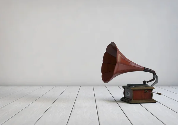 Gramofone estilo vintage em uma sala vazia. Ilustração 3D — Fotografia de Stock