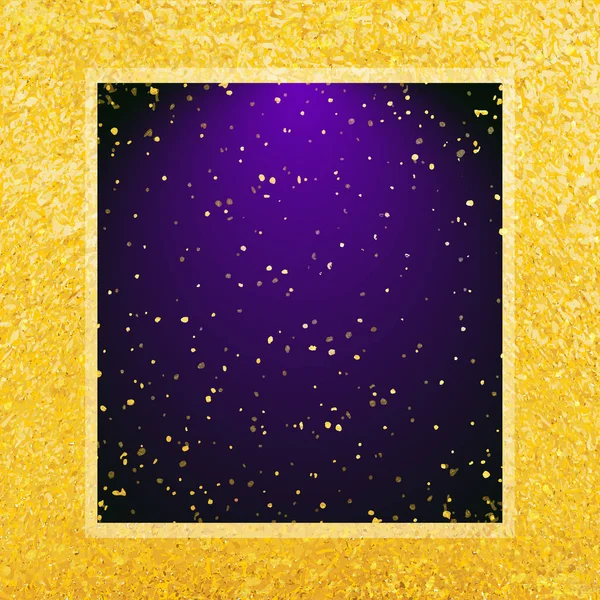 Vector abstract glamour background. Violet frame on shiny golden backdrop. — Stock Vector
